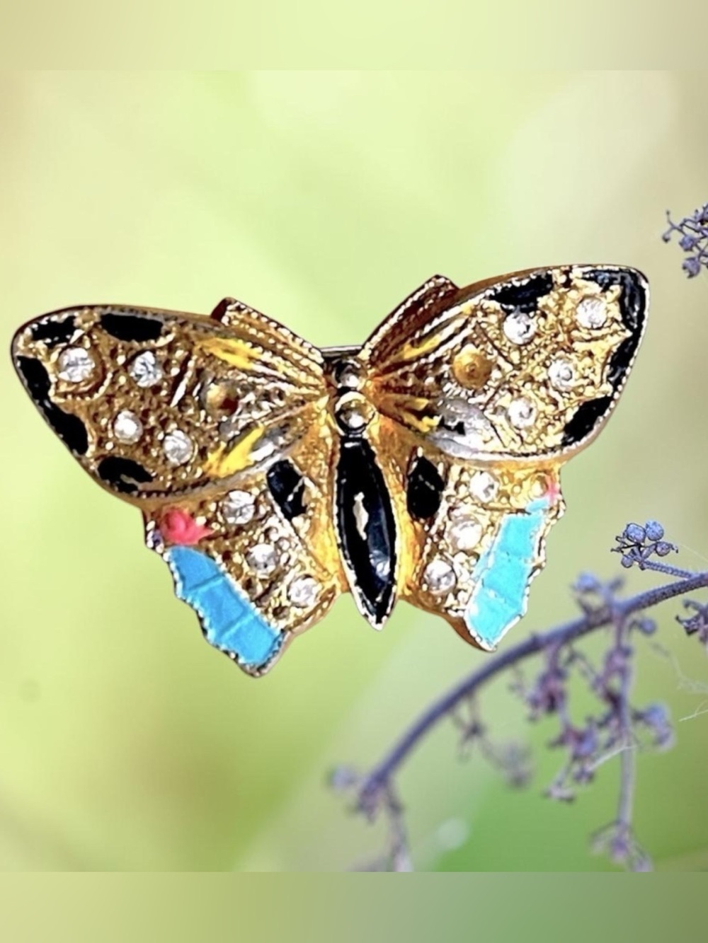 Butterfly Gold Rhinestone Brooch Vintage Circa 30’s - 40’s